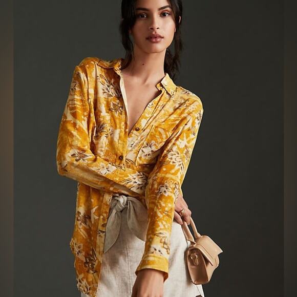 Anthropologie Pilcro Mustard Batik Floral L/S Viscose Blouse - Picture 2 of 10